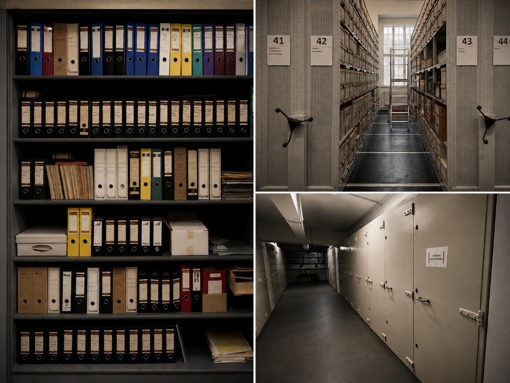 Hybrid Data Input (Photo of analog file folders in the OeAI/OeAW's archive and LSNÖ's archaeological central depot at Hainburg by Dominik Hagmann and LSNÖ, modified using Gemini 3.1 Pro and ChatGPT 5.5)