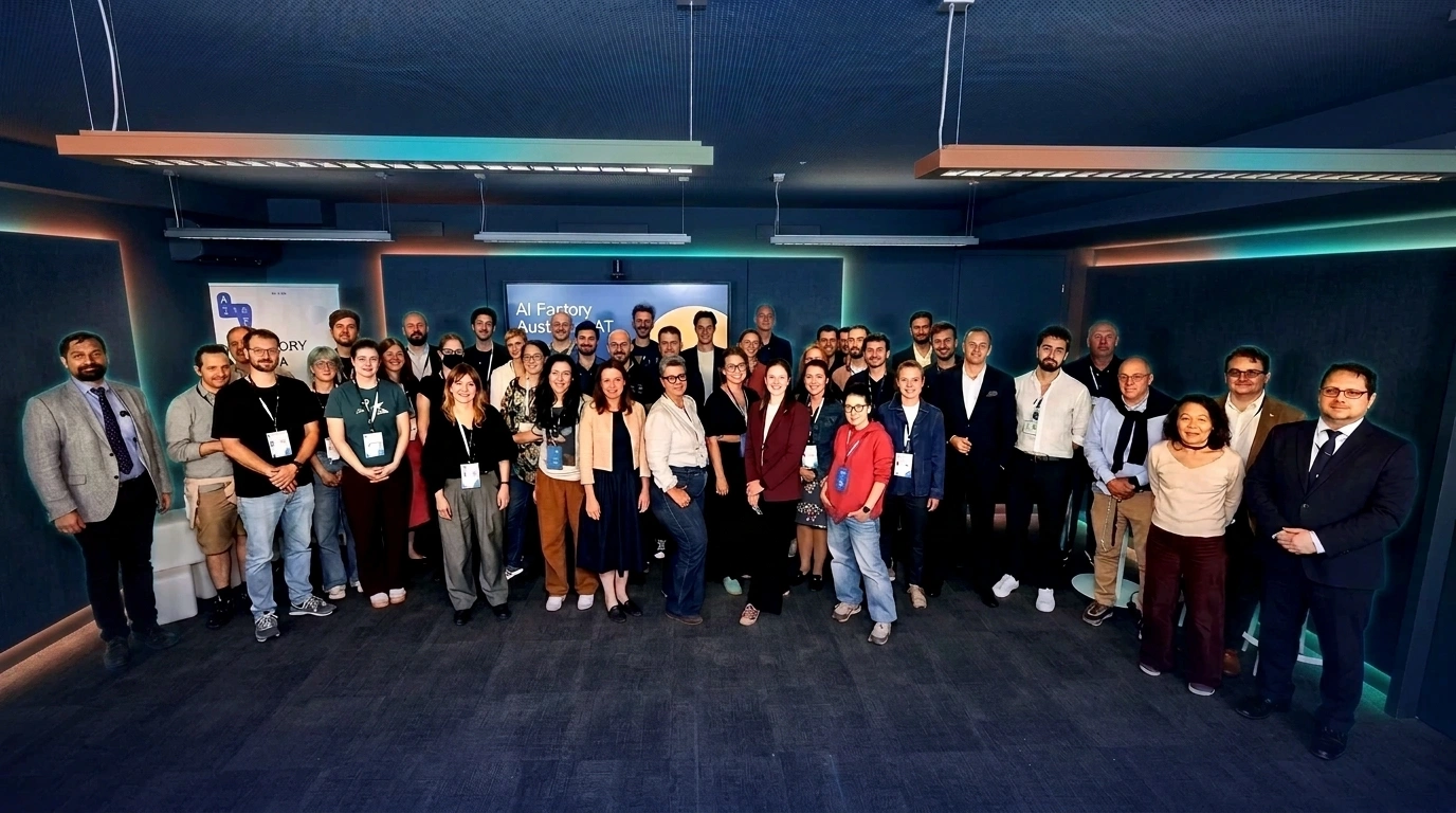 Group photo of the OeAW delegation visiting AI Factory Austria AI:AT (APA-Fotoservice / AI:AT - modified)