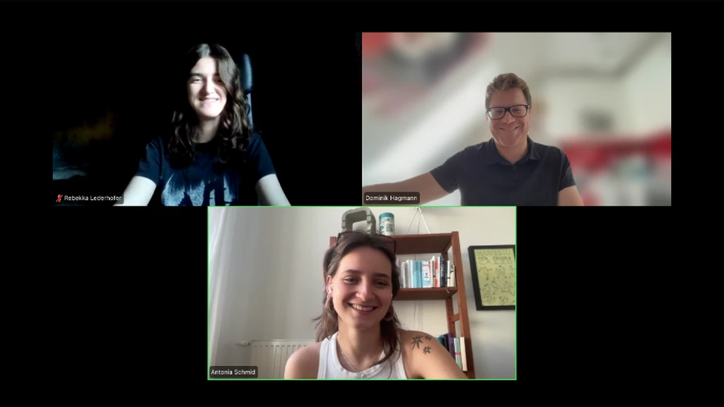 Zoom meeting with student volunteers Rebekka Lederhofer and Antonia Schmid alongside Dominik Hagmann (OeAI / OeAW)